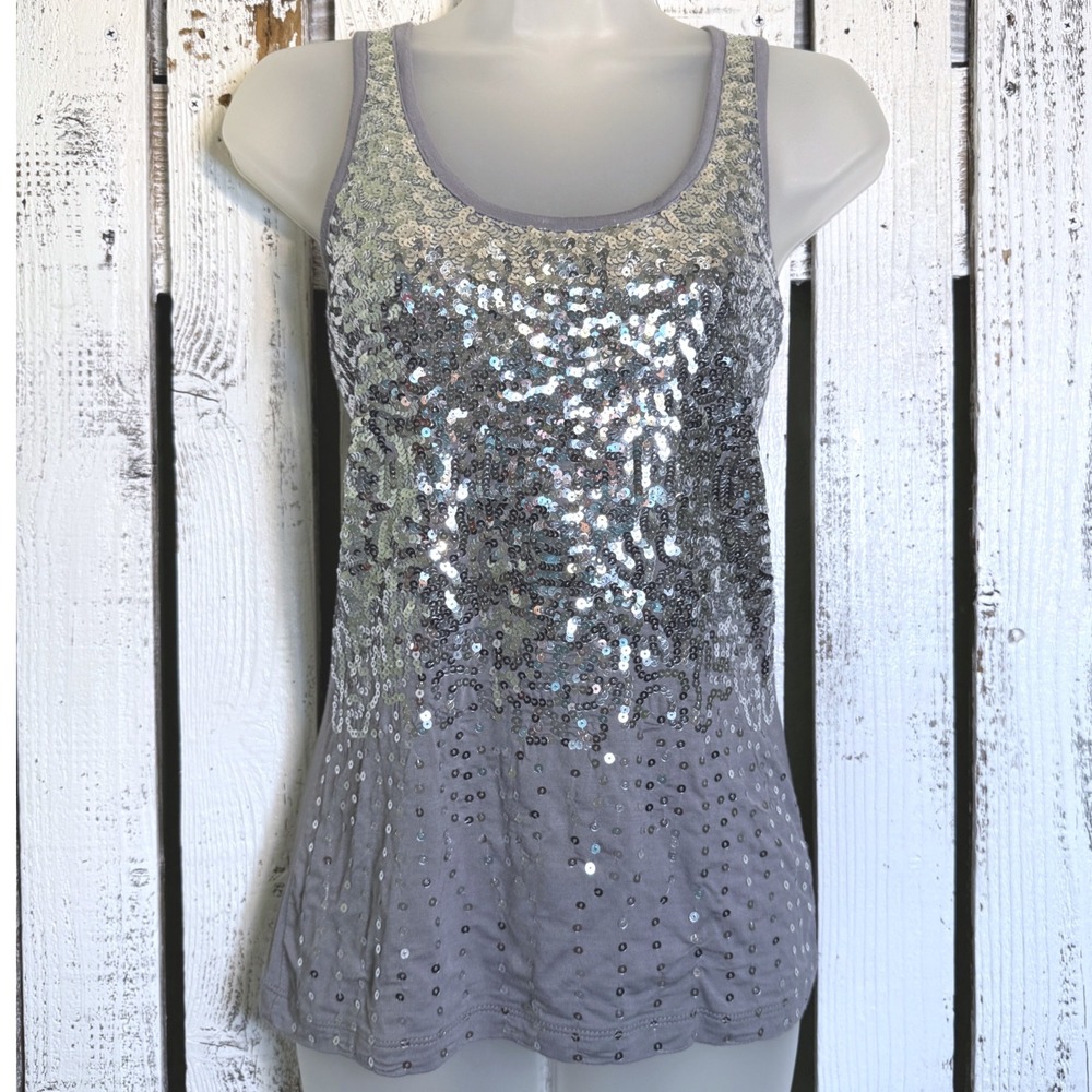 Y2K Diva Gray Silver Sequin Tank Top Womens M Scoop Neck Festive Disco Party Fun
